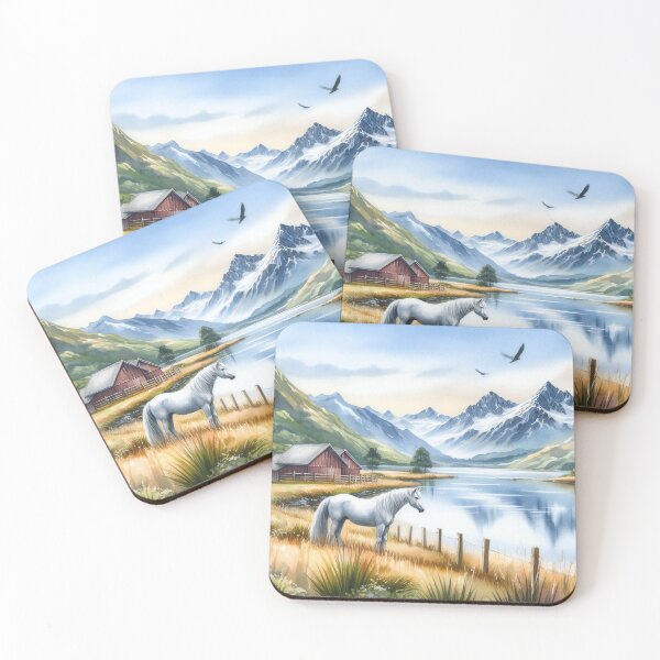 Item preview, Idyllic Lakeside View with Graceful Horse and Majestic Mountains designed and sold by ArtComixHaven.