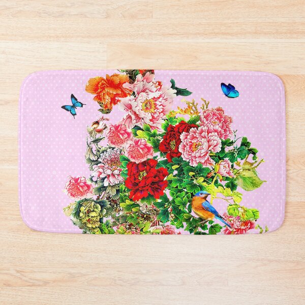 Item preview, SK Exquisite flowers, Butterflies, and a Bird on a poker dot pink background  designed and sold by SueKnox.