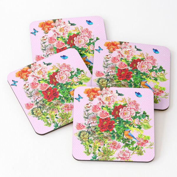 Item preview, SK Exquisite flowers, Butterflies, and a Bird on a poker dot pink background  designed and sold by SueKnox.