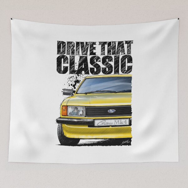 Item preview, Copy of Drive That Classic featuring the Iconic Ford Cortina Mk4 in yellow (Light Background) designed and sold by Petrolhead T-Shirts and Art.