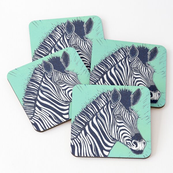 Artikelvorschau, Zebra-Linolschnitt in Blau, Weiß und Türkis entworfen und verkauft von Maddy Bennett.
