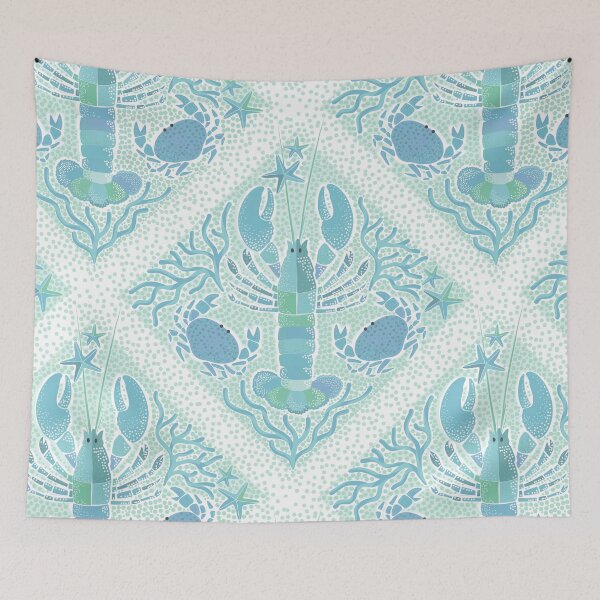 Item preview, Whimsy Pastel Boho Lobsters and Crabs Crustacean Core Nautical Summer Lattice Tile • Pastel Bondi Blue Sea Green designed and sold by Dominiquevari.