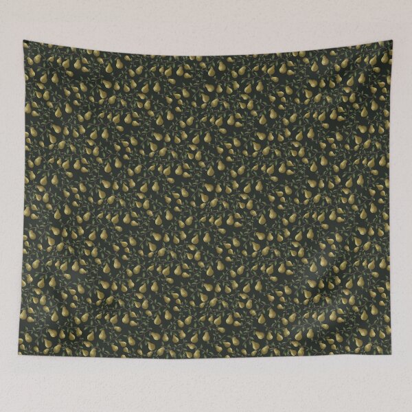 Item preview, Luscious orchard pear branches on a moody dark green background and vibrant green leaves. designed and sold by JasmineGDesigns.