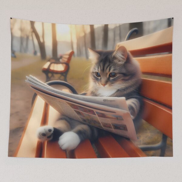Item preview, Cat on the bench. Reading the evening press designed and sold by MyHappyArtShop.