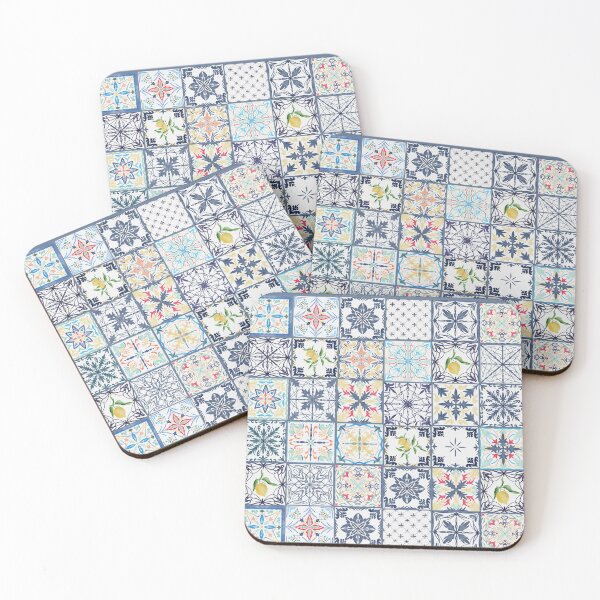 Item preview, Amalfi Coast Colorful Ceramic Italian Tile Print Lemon and Blue Squares designed and sold by twigandmeadow.