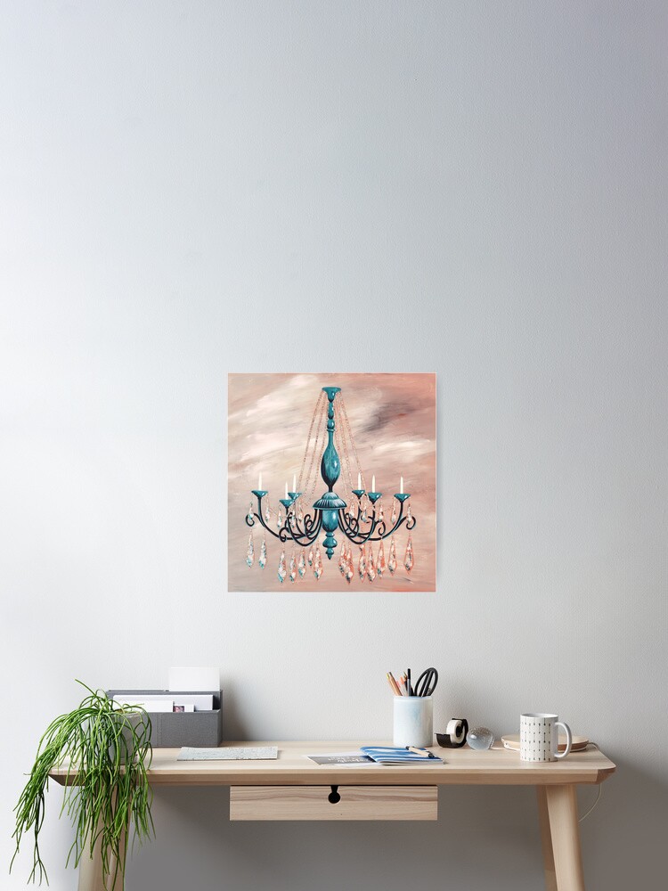 Beautiful black chandelier with blue accents on dusty rose Poster