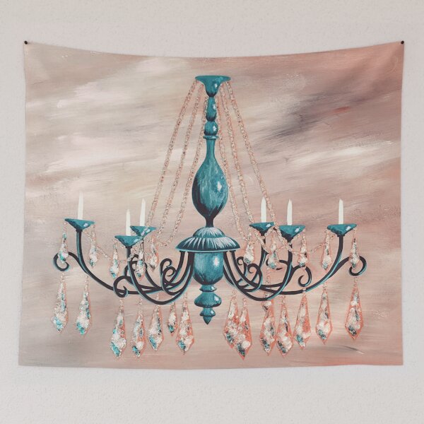 Item preview, Beautiful black chandelier with blue accents on dusty rose designed and sold by norascorner.