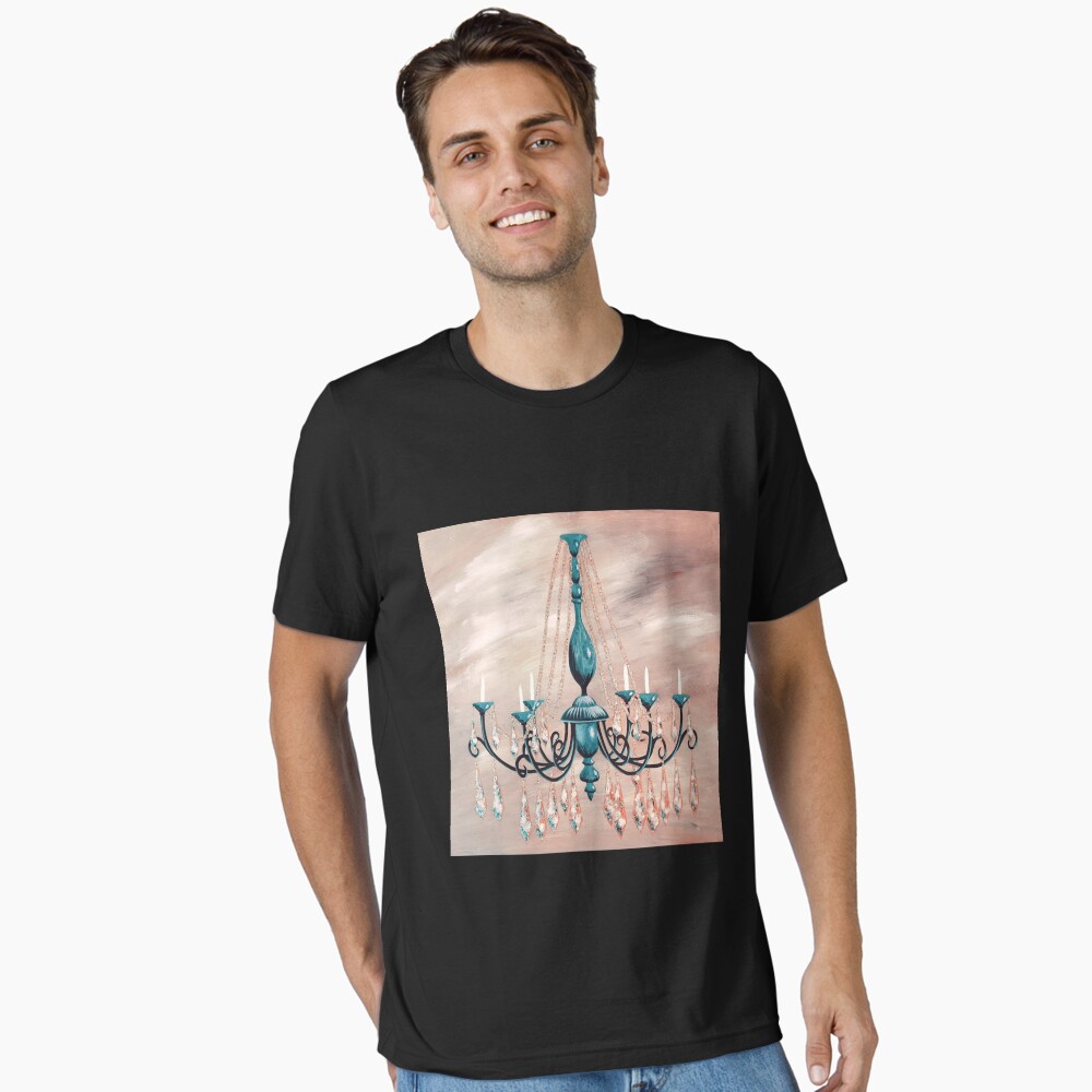 Beautiful black chandelier with blue accents on dusty rose Poster