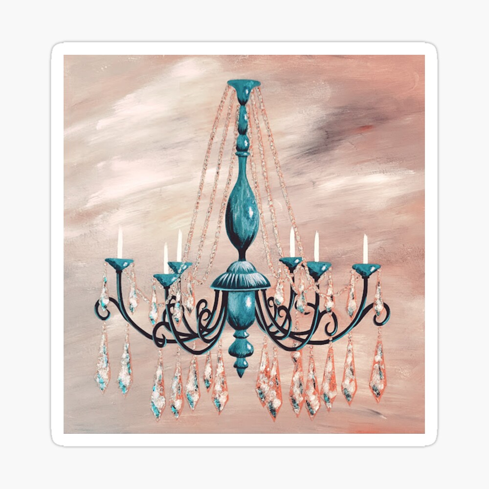 Beautiful black chandelier with blue accents on dusty rose Poster