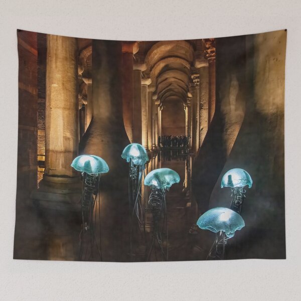 Item preview, Glowing Blue Jellyfish Artwork in the Basillica Cistern designed and sold by Rebecca Herranen.