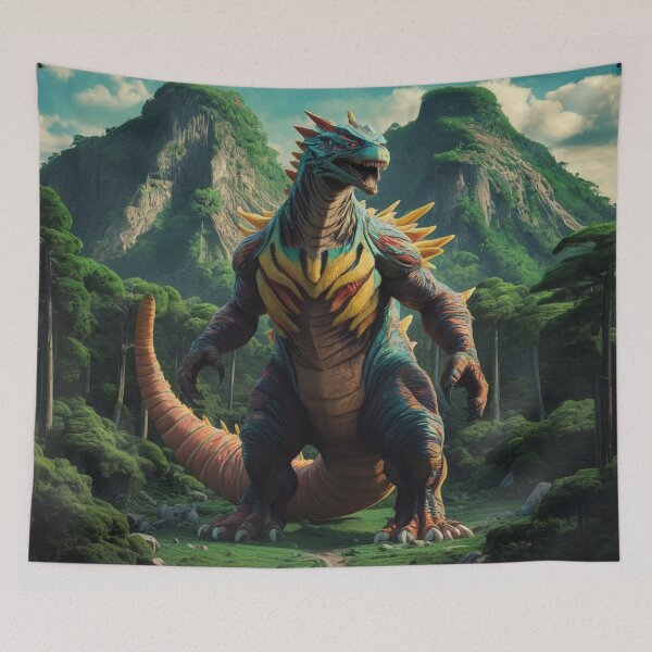 Item preview, Mexican Kaiju titan standing amidst a dense forest, with towering mountains in the backg designed and sold by Titan33.