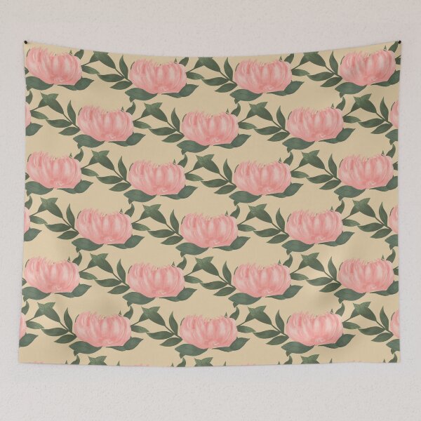 Item preview, Pink Peony Vine on yellow background designed and sold by JasmineGDesigns.