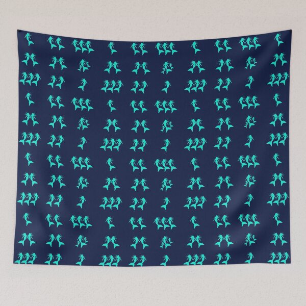 Item preview, Mermaid Pattern Turquoise Silhouettes on Dark Blue Background designed and sold by Beachy.