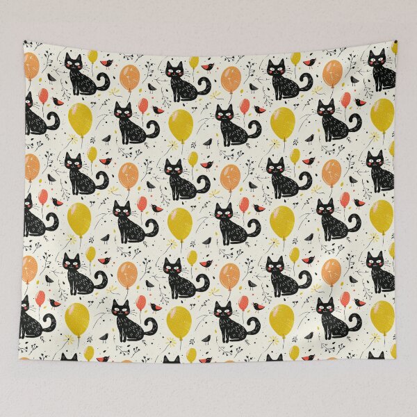 Item preview, Cat and balloon Pattern, repeat pattern, black cat pattern, fish, water, wave, designed and sold by Nordic Ch.