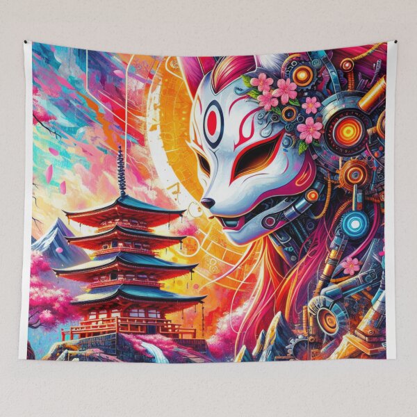 Item preview, Diseño colorido de la pagoda japonesa Kitsune en flor de cerezo designed and sold by DesignsByLitz.