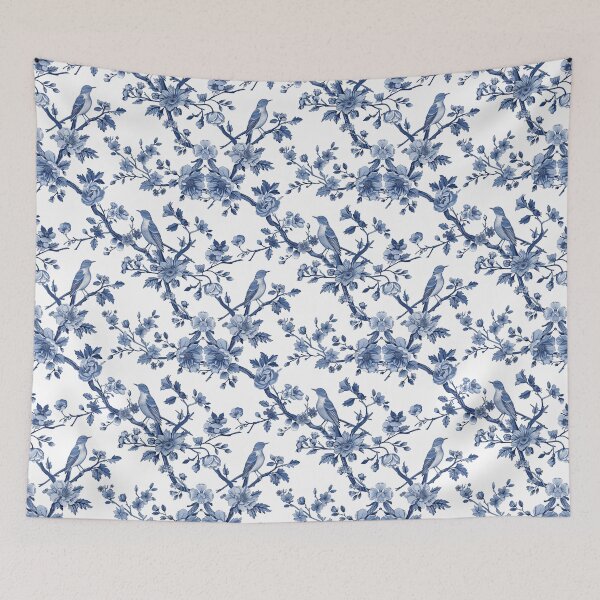 Item preview, Toile de Jouy Vintage Floral Pattern. Watercolor blue flowers and birds on white background designed and sold by Yoursprint.