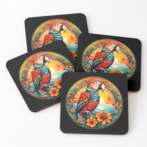 Item preview, Loro al atardecer en una playa hawaiana con orquídeas designed and sold by NautiChic.
