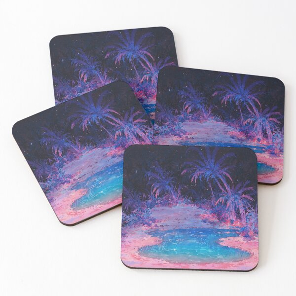 Item preview, Glowing purple oasis amidst palm trees at night designed and sold by Serene Scapez.