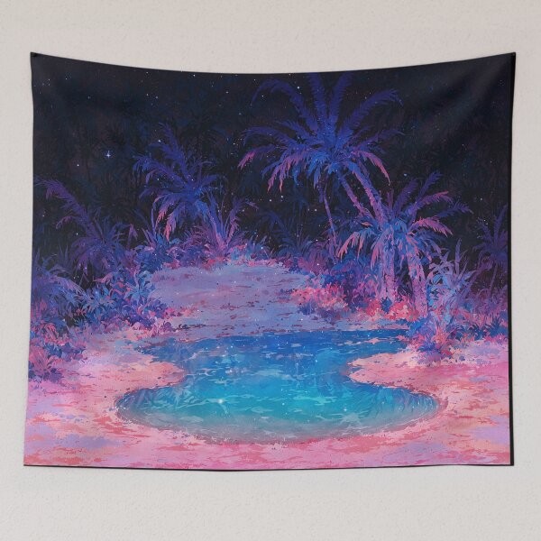 Item preview, Glowing purple oasis amidst palm trees at night designed and sold by Serene Scapez.