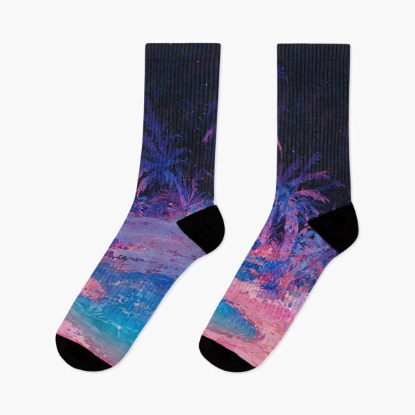 Item preview, Glowing purple oasis amidst palm trees at night designed and sold by Serene Scapez.