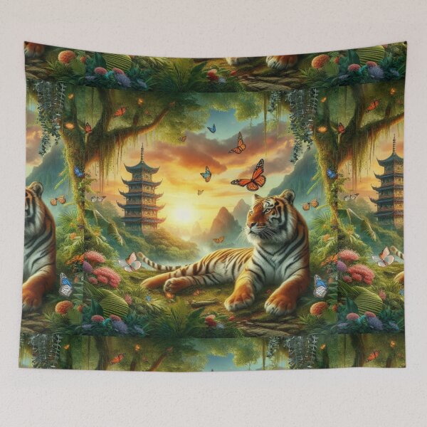 Item preview, Tiger and butterfly, plants, flowers, nature, pagoda, China designed and sold by Sugar Wisdom .