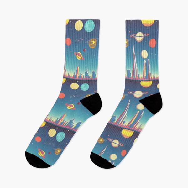 Item preview, SI-fi future space in retro vintage 50s style retrofuturism sky city skyline travel planets designed and sold by cheekylorns.