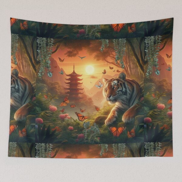 Item preview, Tiger and butterfly, plants, flowers, nature, pagoda, China designed and sold by Sugar Wisdom .