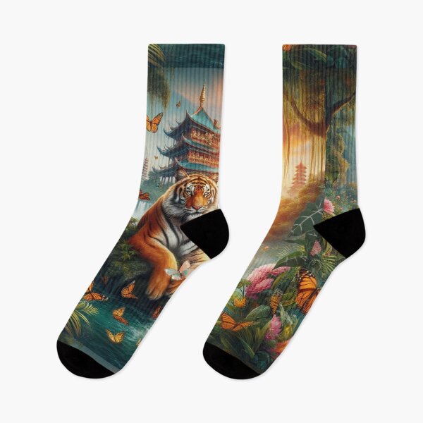 Item preview, Tiger and butterfly, plants, flowers, nature, pagoda, China designed and sold by Sugar Wisdom .