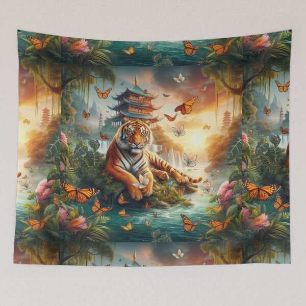 Item preview, Tiger and butterfly, plants, flowers, nature, pagoda, China designed and sold by Sugar Wisdom .
