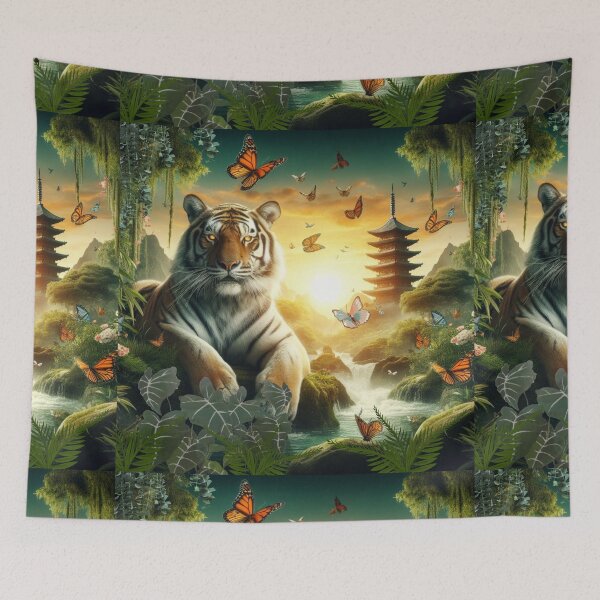 Item preview, Tiger and butterfly, plants, flowers, nature, pagoda, China designed and sold by Sugar Wisdom .