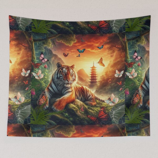 Item preview, Tiger and butterfly, plants, flowers, nature, pagoda, China designed and sold by Sugar Wisdom .