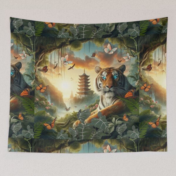 Item preview, Tiger and butterfly, plants, flowers, nature, pagoda, China designed and sold by Sugar Wisdom .