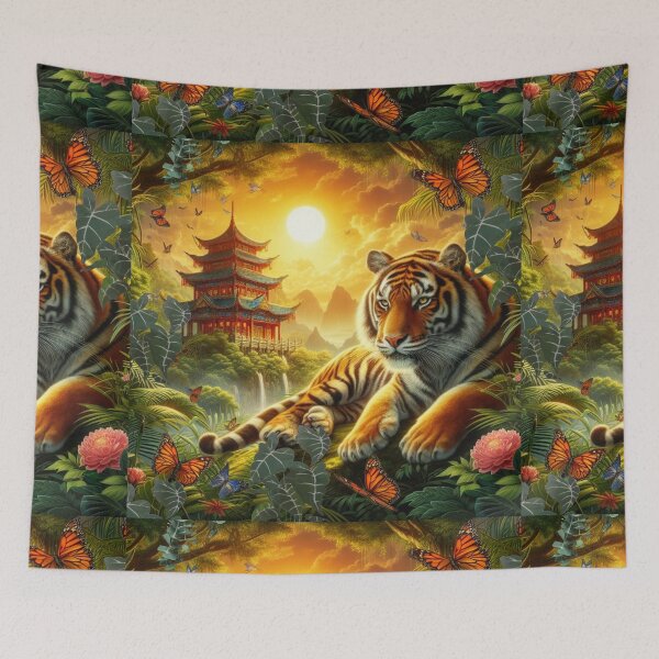 Item preview, Tiger and butterfly, plants, flowers, nature, pagoda, China designed and sold by Sugar Wisdom .