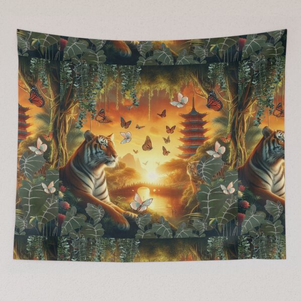 Item preview, Tiger and butterfly, plants, flowers, nature, pagoda, China designed and sold by Sugar Wisdom .