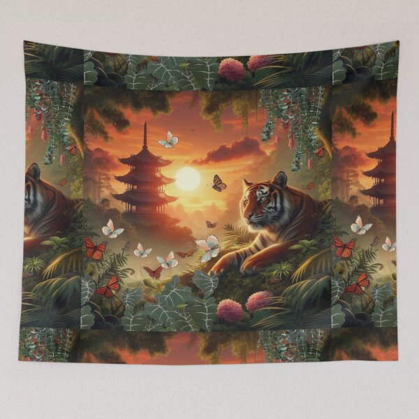 Item preview, Tiger and butterfly, plants, flowers, nature, pagoda, China designed and sold by Sugar Wisdom .