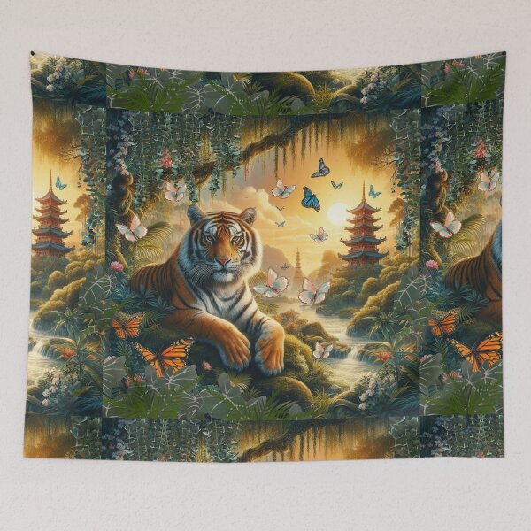 Item preview, Tiger and butterfly, plants, flowers, nature, pagoda, China designed and sold by Sugar Wisdom .
