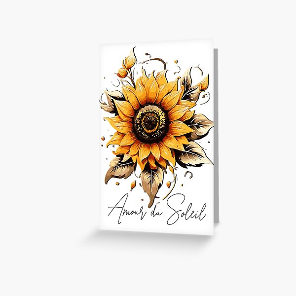 Grafik einer Sonnenblume mit frz. Unterschrift Grußkarte