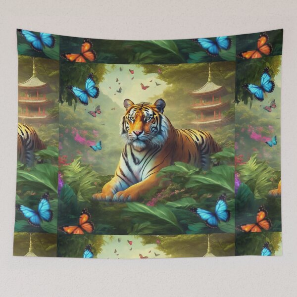 Item preview, Tiger and butterfly, plants, flowers, nature, pagoda, China designed and sold by Sugar Wisdom .