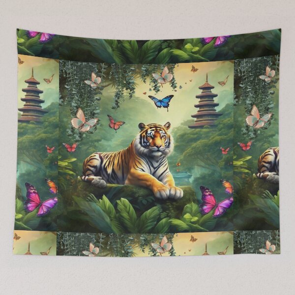 Item preview, Tiger and butterfly, plants, flowers, nature, pagoda, China designed and sold by Sugar Wisdom .