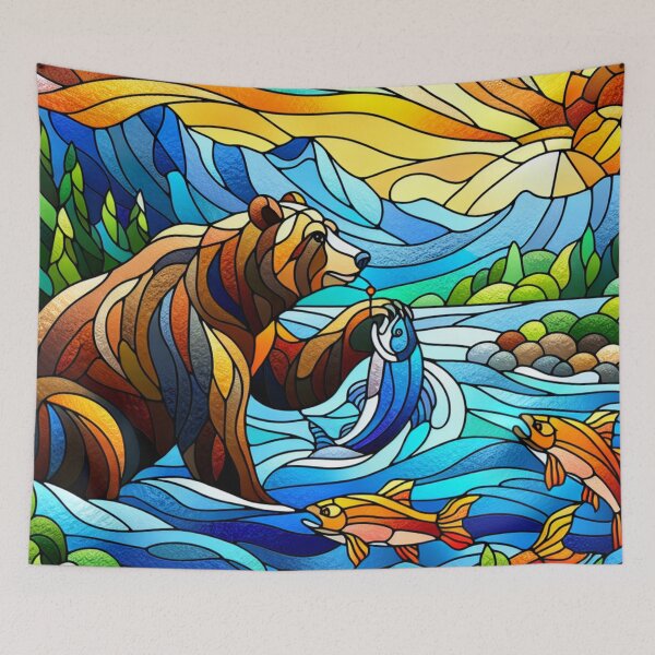 Item preview, Stained Glass Brown Bear Catching Fish designed and sold by foilhat.