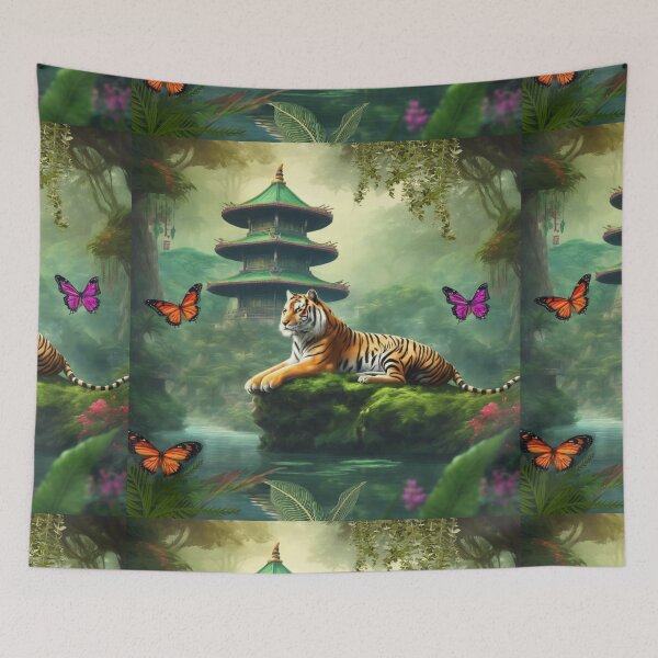 Item preview, Tiger and butterfly, plants, flowers, nature, pagoda, China designed and sold by Sugar Wisdom .
