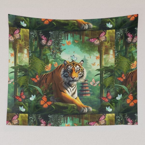 Item preview, Tiger and butterfly, plants, flowers, nature, pagoda, China designed and sold by Sugar Wisdom .