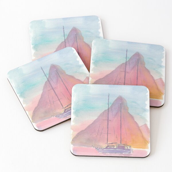 Item preview, Silueta de Pitons resplandecientes con barco en Santa Lucía designed and sold by artshop77.