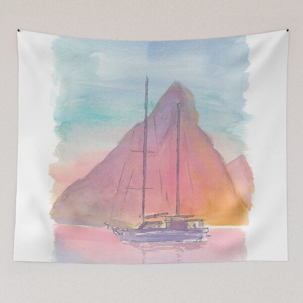 Item preview, Silueta de Pitons resplandecientes con barco en Santa Lucía designed and sold by artshop77.