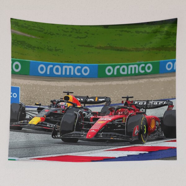 Item preview, Charles Leclerc vs Max Verstappen fighting in their 2023 F1 cars abstract designed and sold by Rodissimus1984.