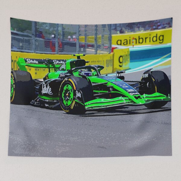 Item preview, Zhou Guanyu racing his 2024 F1 car during the Miami Grand Prix watercolor designed and sold by Rodissimus1984.