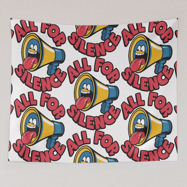 Item preview, “ALL FOR SILENCE: Vibrant Quietude” encapsulates the essence of the graphic, highlighting the ironic message of silence with a lively megaphone in bold blue, yellow, and red hues. designed and sold by SplashTastic.