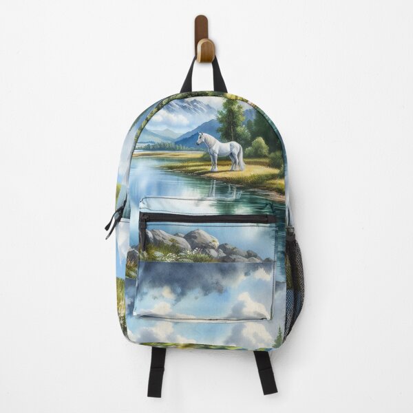 Item preview, Serene Mountain Lake View with Majestic White Horse designed and sold by ArtComixHaven.