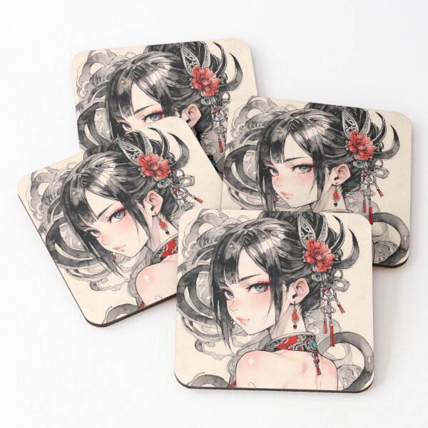 Item preview, Mystical Asian Beauty with Traditional Tattoo and Red Accents designed and sold by ArtComixHaven.