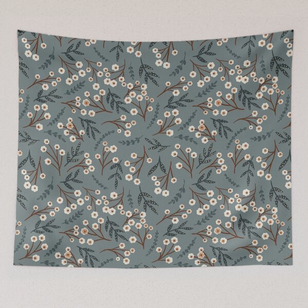 Item preview, Tossed florals on muted blue background designed and sold by Sheila McDowell Design.